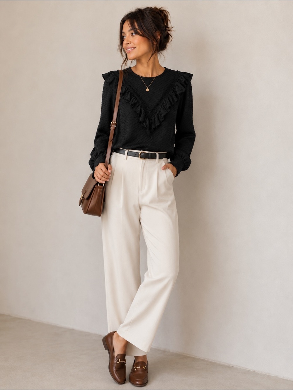J Crew Honeycomb Ruffle Trimmed Blouse black XXS